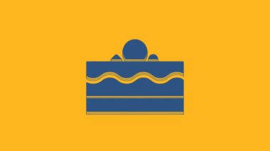 Blue Cake icon isolated on orange background. Happy Birthday. 4K Video motion graphic animation.