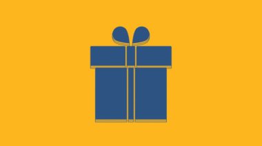 Blue Gift box icon isolated on orange background. 4K Video motion graphic animation.