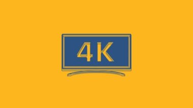 Turuncu arkaplanda 4k Ultra HD video teknolojisi ikonu olan mavi ekran televizyon. 4K Video hareketli grafik canlandırması.