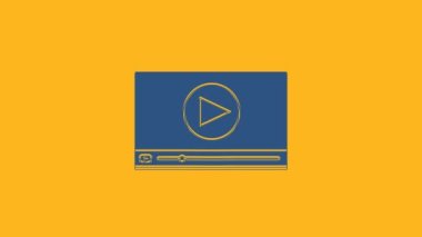 Mavi Online video oynatma simgesi turuncu arkaplanda izole edildi. Oyun işaretli film şeridi. 4K Video hareketli grafik canlandırması.