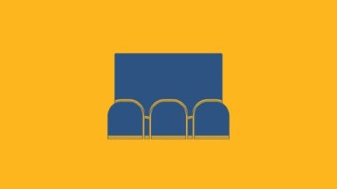 Ekranı ve turuncu arka planda izole edilmiş koltuk ikonu olan Mavi Sinema salonu. 4K Video hareketli grafik canlandırması.