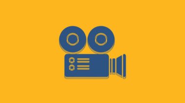 Blue Cinema camera icon isolated on orange background. Video camera. Movie sign. Film projector. 4K Video motion graphic animation.