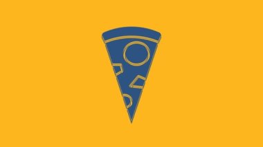 Mavi dilim pizza ikonu turuncu arka planda izole edilmiş. 4K Video hareketli grafik canlandırması.