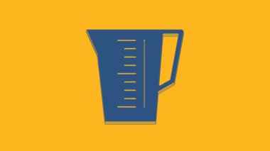 Blue Measuring cup to measure dry and liquid food icon isolated on orange background. Plastic graduated beaker with handle. 4K Video motion graphic animation.