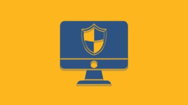 Mavi Bilgisayar monitörü ve kalkan simgesi turuncu arka planda izole edildi. Güvenlik, güvenlik duvarı teknolojisi, internet gizliliği ya da antivirüs. 4K Video hareketli grafik canlandırması.