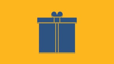 Blue Gift box icon isolated on orange background. 4K Video motion graphic animation.