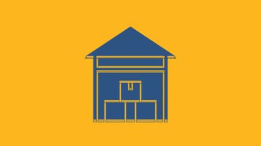 Blue Warehouse icon isolated on orange background. 4K Video motion graphic animation.