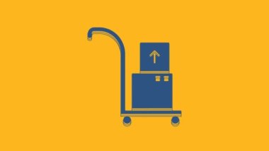 Blue Hand truck and boxes icon isolated on orange background. Dolly symbol. 4K Video motion graphic animation.