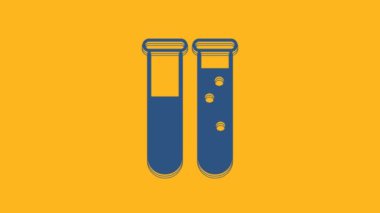 Blue Test tube and flask chemical laboratory test icon isolated on orange background. Laboratory glassware sign. 4K Video motion graphic animation.