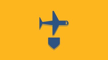 Blue Plane with shield icon isolated on orange background. Flying airplane. Airliner insurance. Security, safety, protection, protect concept. 4K Video motion graphic animation.