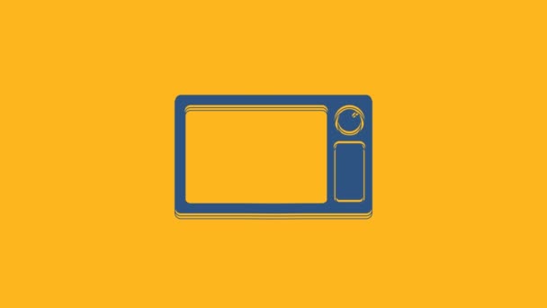 オレンジの背景に青い電子レンジのアイコン 家電製品のアイコン 4Kビデオモーショングラフィックアニメーション — ストック動画