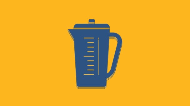 蓝色测量杯 测量在橙色背景上隔离的干 液态食品图标 塑料刻有手柄的烧杯 4K视频运动图形动画 — 图库视频影像
