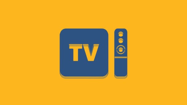 蓝色多媒体和电视盒接收机和播放器与遥控器图标隔离在橙色背景 4K视频运动图形动画 — 图库视频影像