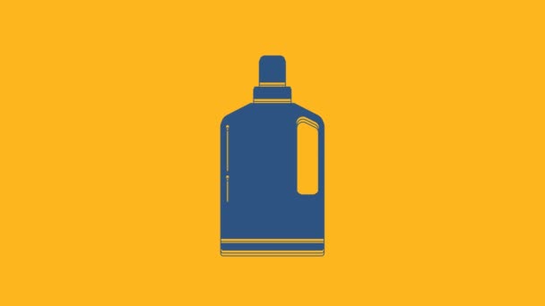 液体洗濯洗剤 漂白剤 食器洗浄液またはオレンジの背景に隔離された別の洗浄剤アイコンのための青いプラスチックボトル 4Kビデオモーショングラフィックアニメーション — ストック動画