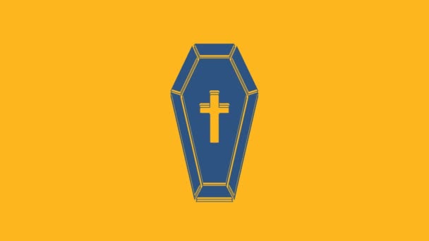 Blå Koffin Med Kristet Kors Ikon Isolerad Orange Bakgrund Glad — Stockvideo