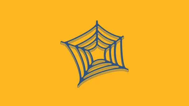 蓝色蜘蛛网图标孤立在橙色背景 Cobweb标志 万圣节快乐派对4K视频运动图形动画 — 图库视频影像