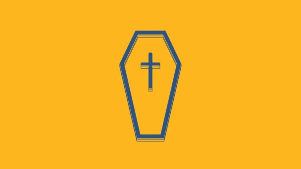 Coffin Azul Con Icono Cruz Cristiana Aislado Sobre Fondo Naranja — Vídeos de Stock