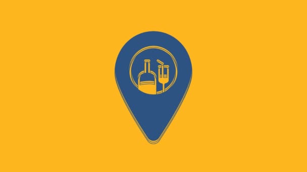 蓝色酒精或啤酒酒吧的位置图标孤立在橙色背景 俱乐部 酒吧的象征 4K视频运动图形动画 — 图库视频影像