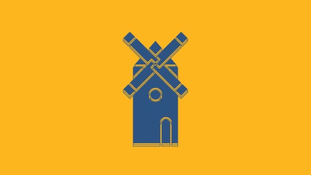 Синий Значок Windmill Выделен Оранжевом Фоне Видеографическая Анимация — стоковое видео