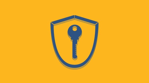Blaues Schild Mit Schlüsselsymbol Auf Orangefarbenem Hintergrund Schutz Und Sicherheitskonzept — Stockvideo