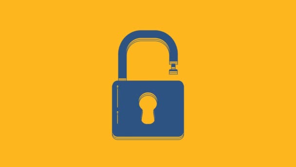 蓝色开放挂锁图标孤立在橙色背景 打开锁牌 网络安全的概念 数字数据保护 安全保障 4K视频运动图形动画 — 图库视频影像