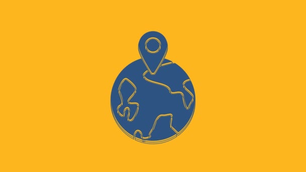 Icono Azul Mundial Aislado Sobre Fondo Naranja Pin Globo Animación — Vídeo de stock