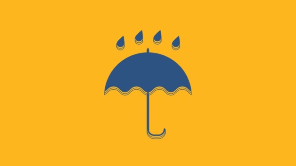 Синий Зонтик Капли Дождя Выделяются Оранжевом Фоне Водонепроницаемый Значок Защита — стоковое видео