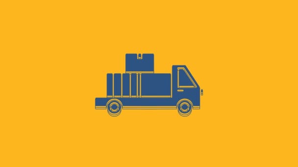Blue Delivery Truck Kartónovými Krabicemi Ikonou Izolované Oranžovém Pozadí Grafická — Stock video