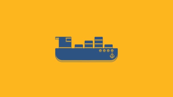 ボックス配送サービスアイコンを持つブルー貨物船は オレンジの背景に隔離された 商品で貨物船 4Kビデオモーショングラフィックアニメーション — ストック動画