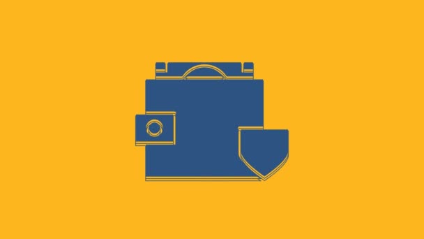 Monedero Azul Dinero Con Icono Escudo Aislado Sobre Fondo Naranja — Vídeos de Stock