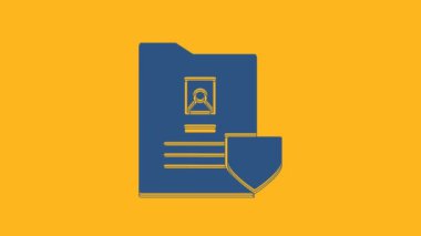 Blue Document with shield icon isolated on orange background. Insurance concept. Security, safety, protection, protect concept. 4K Video motion graphic animation.