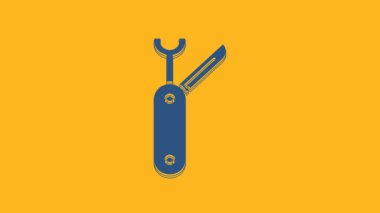 Blue Swiss army knife icon isolated on orange background. Multi-tool, multipurpose penknife. Multifunctional tool. 4K Video motion graphic animation.