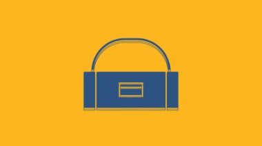 Mavi kasa ya da sallanan kutu kutusu ve turuncu arka planda izole edilmiş balıkçılık ekipmanları ikonu. Balık oltası. 4K Video hareketli grafik canlandırması.