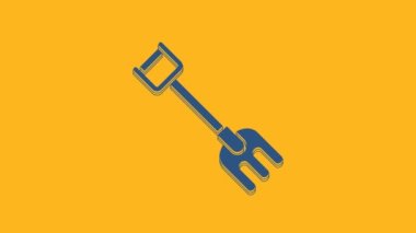 Mavi Bahçe tırmık simgesi turuncu arka planda izole edildi. Bahçecilik, tarım, çiftçilik aleti. Toprak işçisi. Temizlik ekipmanları. 4K Video hareketli grafik canlandırması.