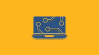 Mavi dizüstü bilgisayar simgesi turuncu arkaplanda izole edildi. Teknoloji ve cihazlar konsepti... 4K Video hareketli grafik animasyonu.