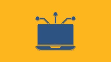 Mavi dizüstü bilgisayar simgesi turuncu arkaplanda izole edildi. Teknoloji ve cihazlar konsepti... 4K Video hareketli grafik animasyonu.