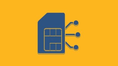 Mavi Sim kart simgesi turuncu arkaplanda izole edildi. Cep telefonu sim kart çipi. Mobil telekomünikasyon teknolojisi sembolü. 4K Video hareketli grafik canlandırması.