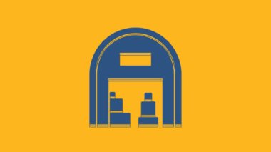 Blue Warehouse icon isolated on orange background. 4K Video motion graphic animation.