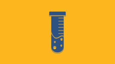 Blue Test tube and flask chemical laboratory test icon isolated on orange background. Laboratory glassware sign. 4K Video motion graphic animation.