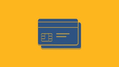 Blue Credit card icon isolated on orange background. Online payment. Cash withdrawal. Financial operations. Shopping sign. 4K Video motion graphic animation.