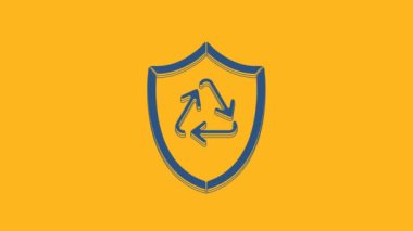 Mavi Geri Dönüşüm sembolü, turuncu arka planda izole edilmiş bir kalkan simgesi. Çevre koruma işareti. 4K Video hareketli grafik canlandırması.