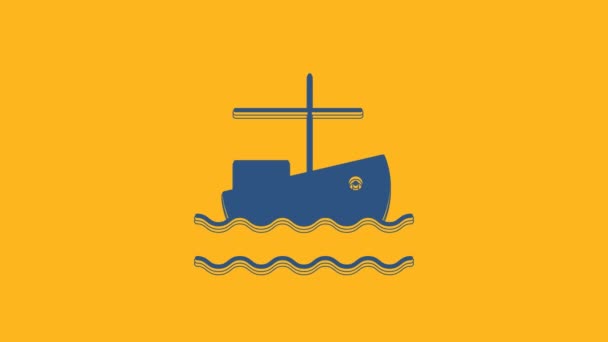 Niebieski Łódka Rybacka Ikonie Wody Izolowane Pomarańczowym Tle Animacja Graficzna — Wideo stockowe
