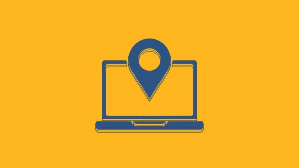 Blue Laptop Location Marker Icon Isolated Orange Background Video Motion — Stock Video