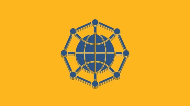 蓝色全球技术或社交网络图标在橙色背景下被隔离 4K视频运动图形动画 — 图库视频影像