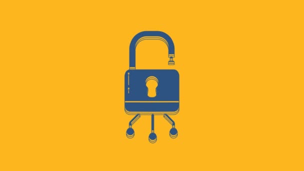 Icono Azul Seguridad Cibernética Aislado Sobre Fondo Naranja Candado Cerrado — Vídeos de Stock