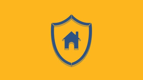Casa Azul Con Icono Escudo Aislado Sobre Fondo Naranja Concepto — Vídeos de Stock
