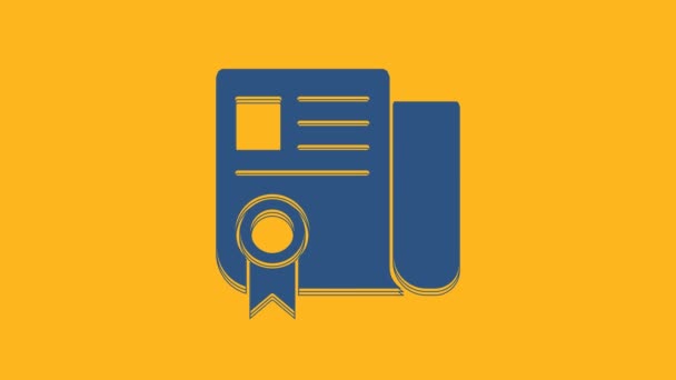 蓝色证书模板图标孤立在橙色背景 助学金 商业成功证书 4K视频运动图形动画 — 图库视频影像