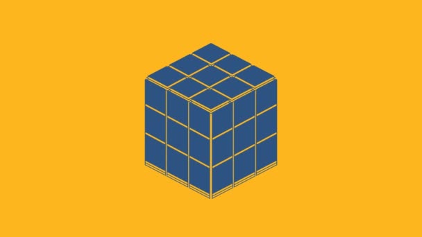 蓝色Rubik立方体图标孤立在橙色背景 机械拼图玩具Rubiks立方体3D组合拼图 4K视频运动图形动画 — 图库视频影像