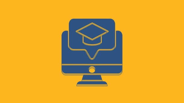 蓝色计算机监视器 带有在橙色背景上隔离的毕业帽图标 在线学习或电子学习的概念 4K视频运动图形动画 — 图库视频影像