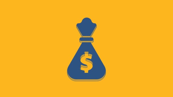 Blue Money Bag Icon Isolated Orange Background Dollar Usd Symbol — Vídeo de Stock